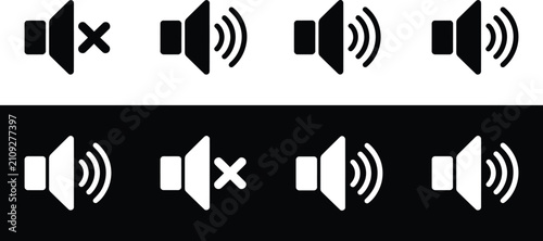 Canvastavla Mute, speaker no sound icon set, outline vector design, audio mute symbols, silent notification, volume off button, multimedia interface, isolated on white background
