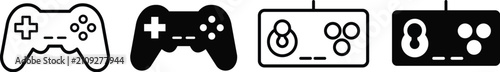фотографія Player console icon set featuring game controller, joystick, play button and online wifi multiplayer symbols in outline and solid filled black styles for gaming and entertainment design