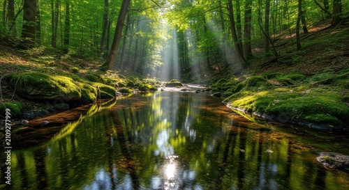 Sunlit Forest Stream Reflecting Trees and Sky