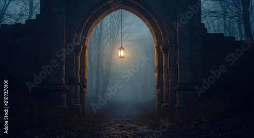 Mysterious Gothic Archway With Hanging Lantern In Foggy Forest