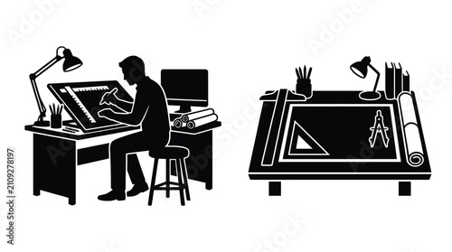 Architectural workstation silhouette with drafting tools and computer black and white