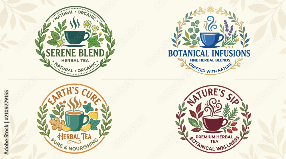 Obraz premium Set of 4 Herbal Tea Logos with Botanical Elements - Natural Organic Blends for Wellness and Serenity