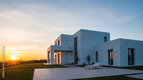 Modern Home at Sunset - Architectural Design and Serene Landscape.