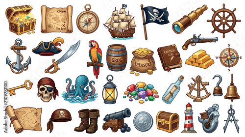 Pirate adventure collection cartoon style items including treasure chest, ship, map, compass, and various pirate accessories for a fun themed design.