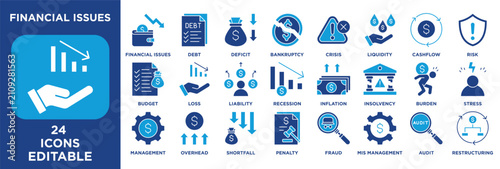 financial issue icon collection set. Containing Budget, Loss, Liability, Recession, Inflation, Insolvency and Burden. blue vector.