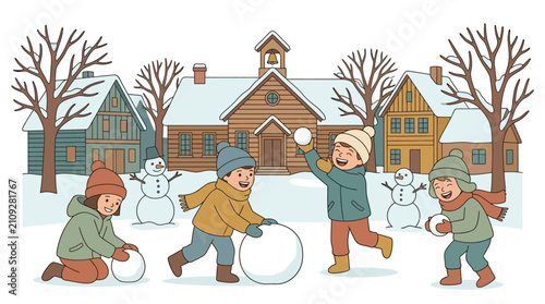 Children roll large snowballs in front of a rustic schoolhouse during a winter season.