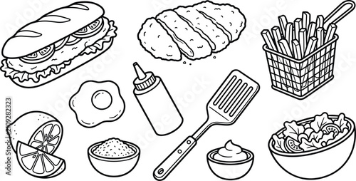 Tableau sur toile Fast Food and Bistro Meal Icon Set Featuring Sub Sandwich French Fries Chicken C