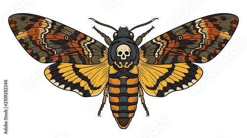 Death's-head hawkmoth displays detailed wings with a skull marking on its thorax in this symmetrical vector illustration.