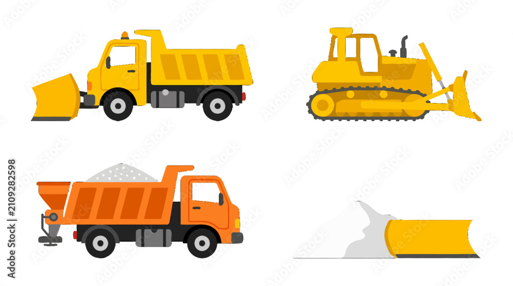 Obraz premium Set of construction and road maintenance heavy vehicles in flat style.