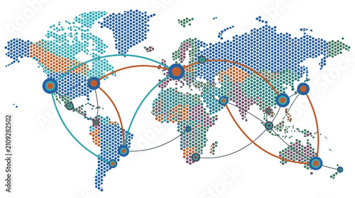 World map featuring a hexagonal grid pattern illustrates global logistics and interconnected travel routes.