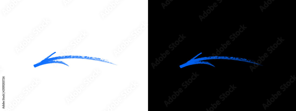 Obraz premium Blue hand-drawn brush stroke arrow pointing left with textured feathery edges on white and black background, artistic direction symbol