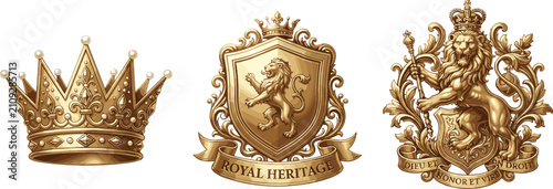 фотографія Luxury Golden Heraldic Crest and Crown Vector Set with Royal Lion Shields for Pr