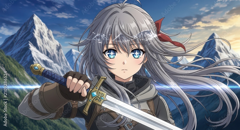Obraz premium Anime-style female warrior with sword in mountain landscape. Fantasy heroine in action pose, detailed character design and vibrant scenery.