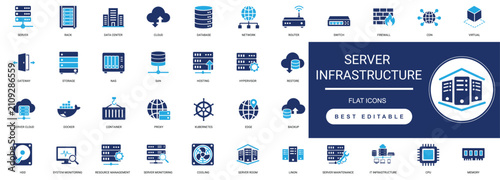 server infrastructure solid icon set featuring servers, cloud computing, racks, networking, storage, power, cooling, monitoring, and data center management. editable vector illustration.