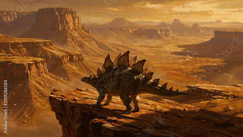 Stegosaurus dinosaur standing on a cliff overlooking a desert canyon. Prehistoric herbivore surveying the landscape at sunset. Mesozoic era concept for science education and nature themes.