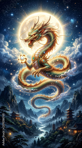 Majestic golden dragon flying in starry night sky with full moon and mountains