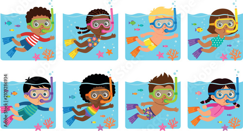 Canvastavla Group of diverse kids snorkeling underwater with goggles and flippers surrounded