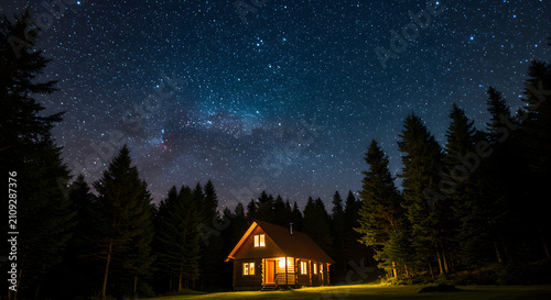 Cozy cabin illuminated under starry night sky in forest  