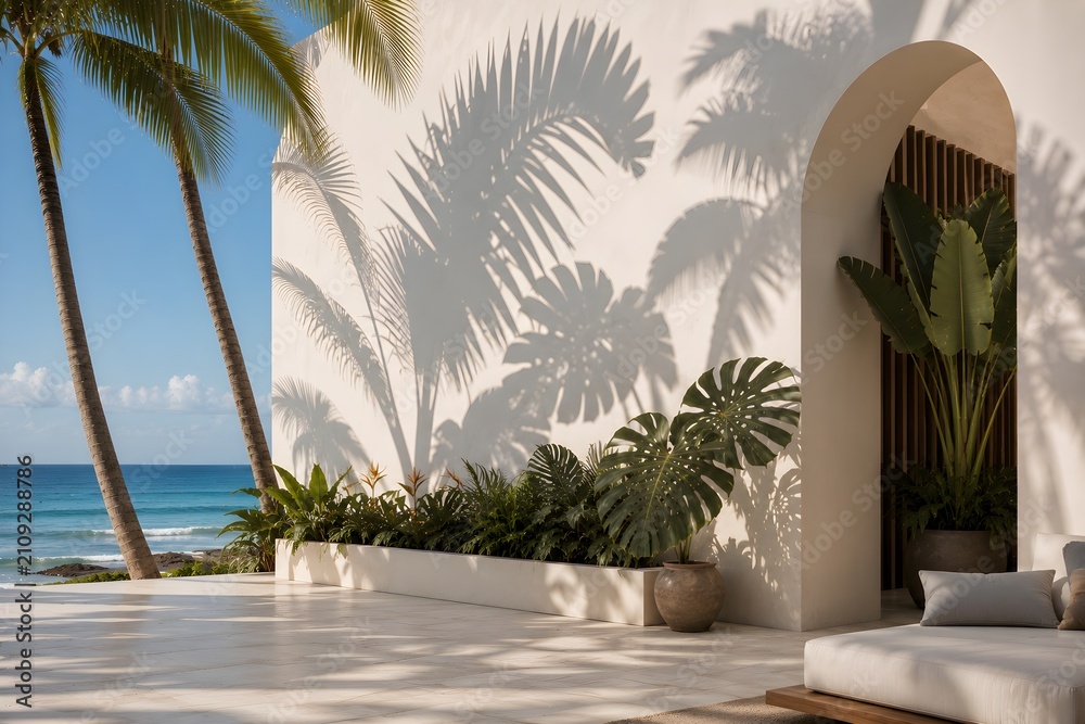 Fototapeta premium Luxury resort terrace with palm shadows on white wall and ocean view