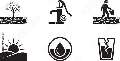 Set of six vector silhouettes related to water scarcity and drought, including a dry tree, water pump, person carrying water, sunrise, water drop, and broken glass.