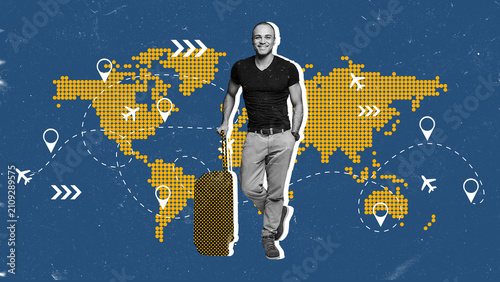 Obraz na płótnie Traveling across the world with a suitcase and a map in the background showing d