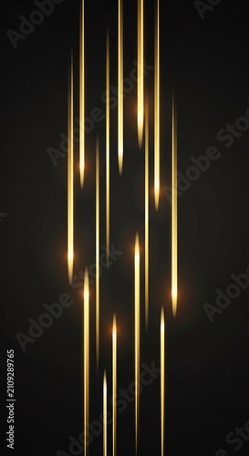 Abstract Golden Light Streaks Falling Down on Dark Background.