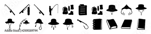 Flat fishing and camping gear icons set - Minimalist vector icons showing fishing rods, hooks, hats, tents, and camping tools for outdoor activity designs