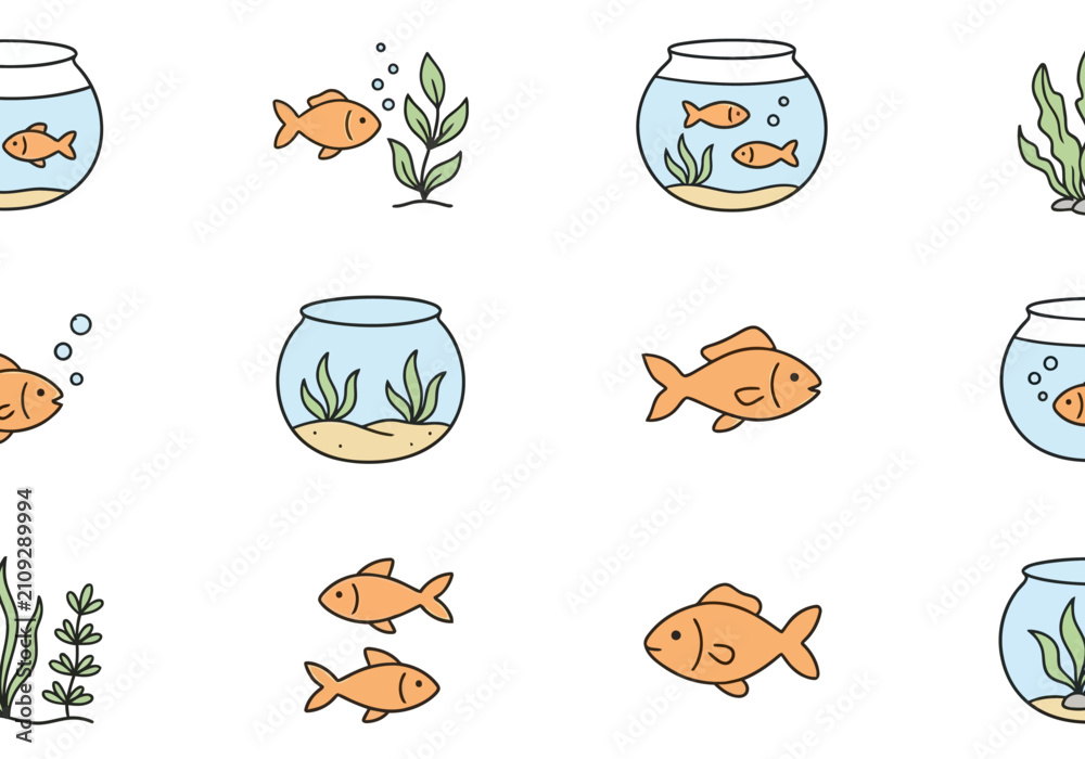 Fototapeta premium Cute Goldfish in Aquariums and Aquatic Plants - Seamless Pattern Vector Icons