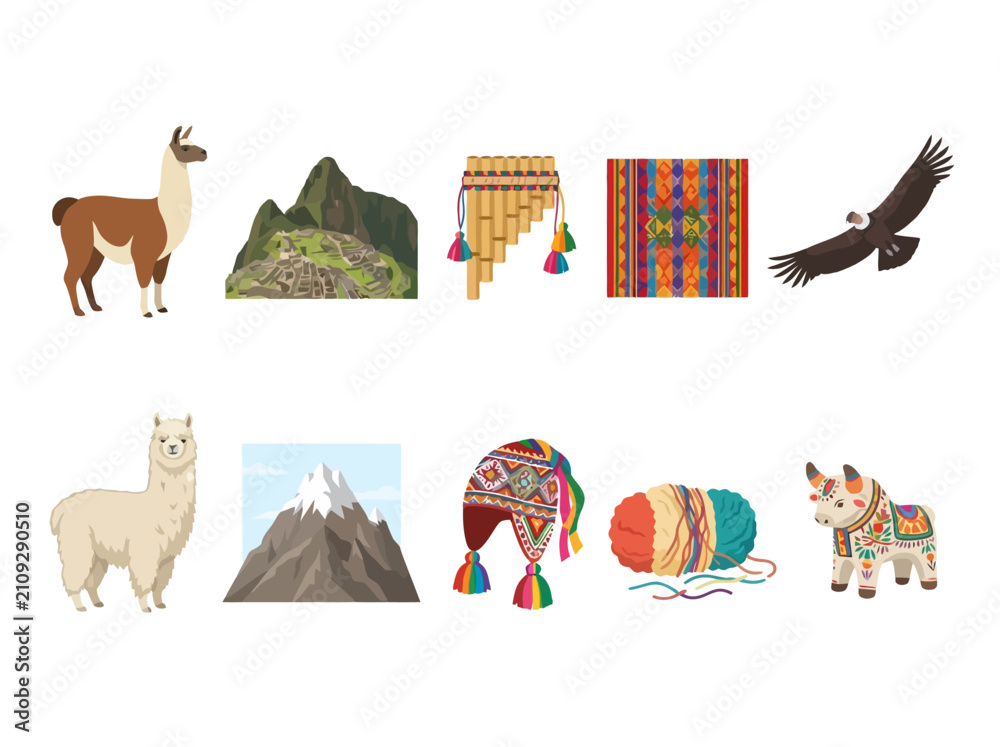 Fototapeta premium A collection of colorful illustrations representing Peruvian culture and Andean wildlife featuring llamas Machu Picchu a condor ponchos and traditional artifacts.