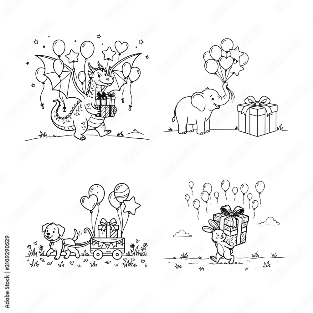 Fototapeta premium Charming animal birthday illustrations lion panda turtle and deer with gifts