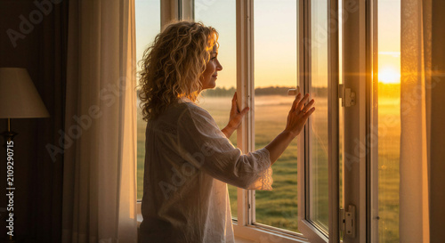 Woman looking out of window at sunset in cozy indoor setting  