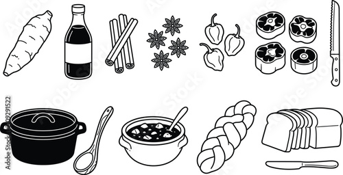 Konstfotografi Traditional Oxtail Stew Cooking Ingredients and Bakery Line Art Icon Set for Car