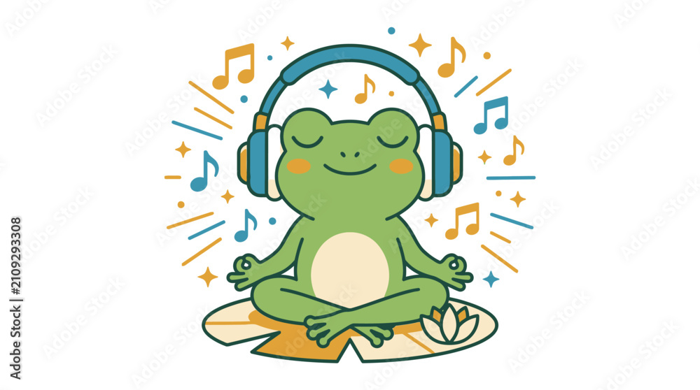Fototapeta premium Frog meditating in a lotus position while wearing headphones represents a peaceful state of mind and mindfulness.