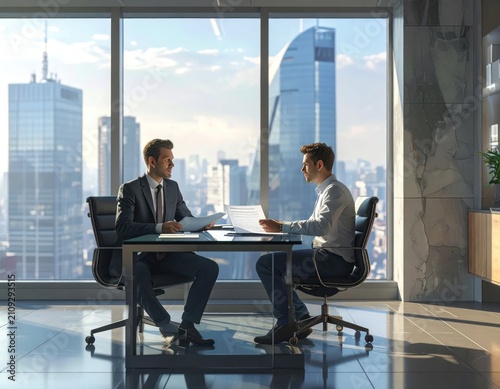Businessmen having meeting in glass skyscraper office with skyline.
