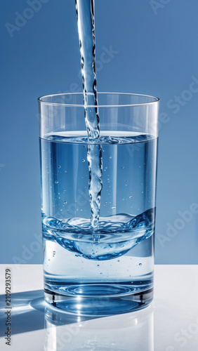 A glass of water with a straw against a blue background.