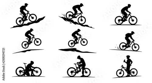 Mountain Biking Silhouettes Collection, Extreme Sports Action Vector Icons, Downhill Cycling Dynamic Poses, Outdoor Adventure Rider Graphics