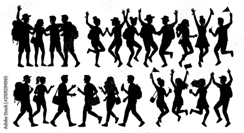 Diverse Group of People Silhouettes, Celebrating and Traveling Together, Vector Collection for Lifestyle and Adventure Themes