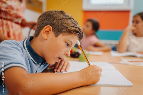 Bild auf Leinwand Boy student concentrating writing during primary school lesson