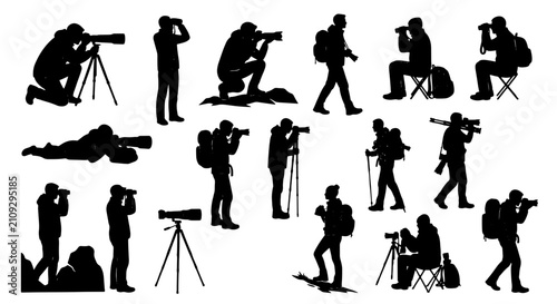 Silhouette Photographer Collection: Diverse Poses, Equipment, and Outdoor Activities, Vector Set for Visual Storytelling