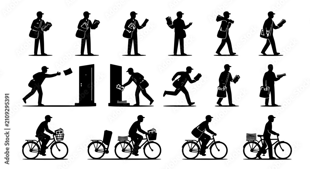 Fototapeta premium Postman Silhouette Collection: Delivery Actions, Mail Carrier Icons, Postal Worker Poses, Bicycle Delivery Set, 15 Vector Graphics