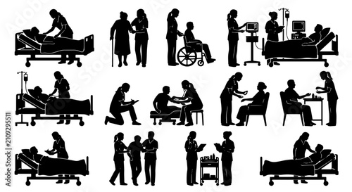 Medical Care Silhouettes: Nurse Assisting Patients in Hospital Beds, Wheelchairs, and Chairs, Healthcare Professionals, Medical Icons