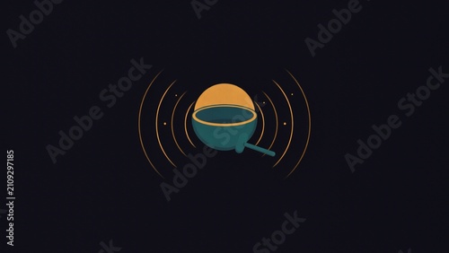 Minimalist vector illustration depicting a resonating singing bowl emitting golden sound waves in dark space with mallet surrounded glowing against black background