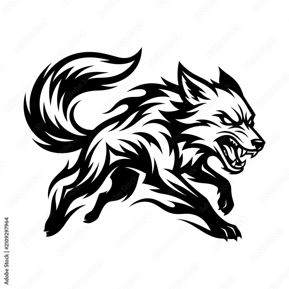 Fototapeta premium Angry snarling wolf mascot running logo.