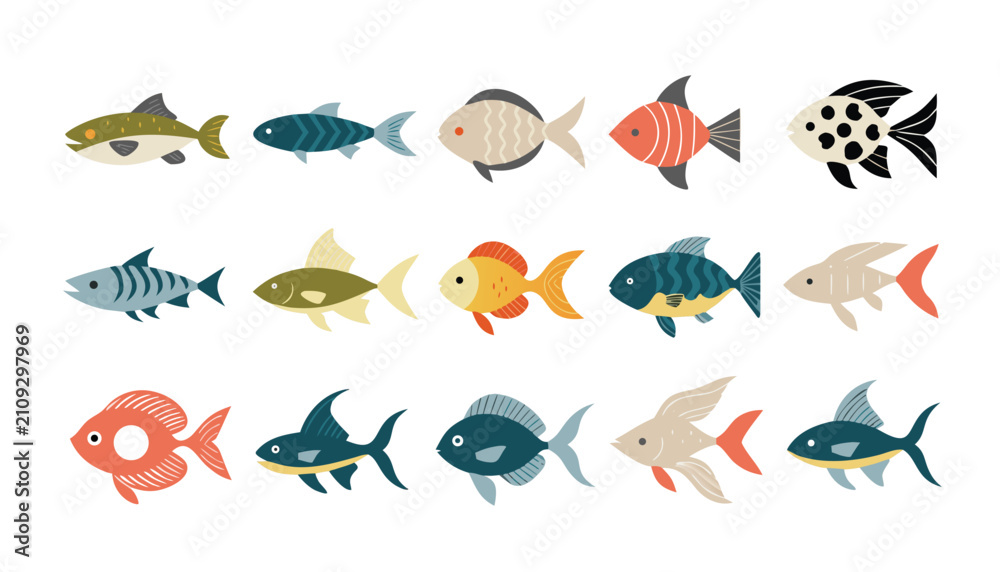 Fototapeta premium Modern fish vector set featuring diverse underwater species for nautical designs