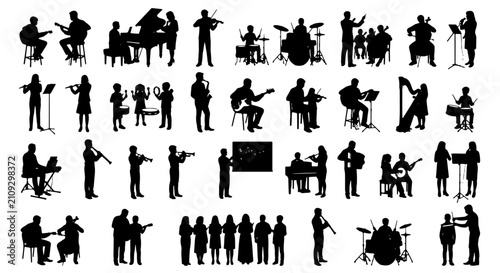 Cuadro en lienzo Diverse Orchestra and Band Silhouettes, 40 Musical Performance Vector Icons for