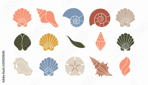 Seashell collection with various ocean shell shapes and aquatic life icons in muted tones