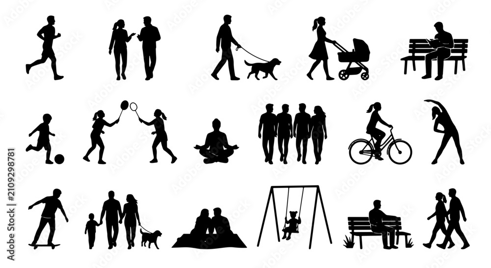 Obraz premium Diverse People Silhouettes Collection: Active Lifestyle, Family, Recreation, and Relaxation Vector Icons for Design