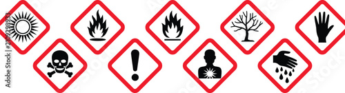Foto GHS Hazard Warning Icon Set featuring danger symbols, red white diamonds, chemical risk labels, safety classification, industrial compliance, and regulatory warning signs in editable vector styles