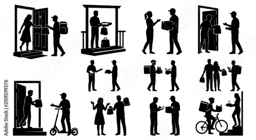 Canvastavla Delivery Service Icons: Courier Delivering Packages to Doorsteps, Scooter, Bicyc