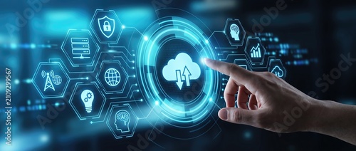 Detailed view of a hand engaging with a digital interface that highlights cloud computing solutions and data analytics in a contemporary technology setting